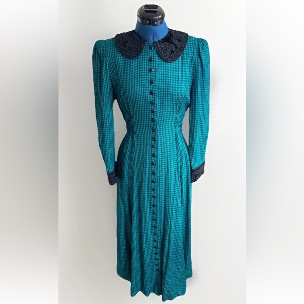 Vintage 80s Sarah Elizabeth Beaded Velour collar Teal Gingham Check Long Dress